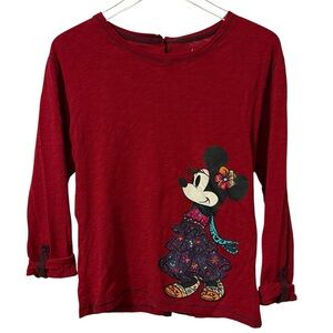 Disney Parks Womens XS Minnie Mouse Print Long Sleeve Red Cotton Extra Small